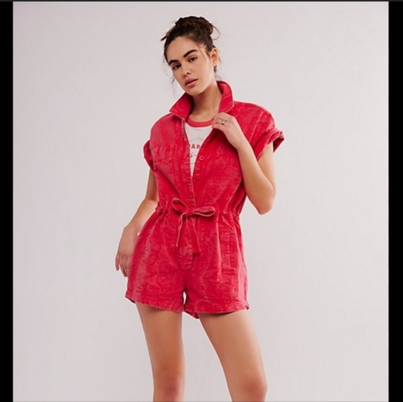 Free People red button down rhodes‎ chino shortall romper size medium new - Picture 1 of 4